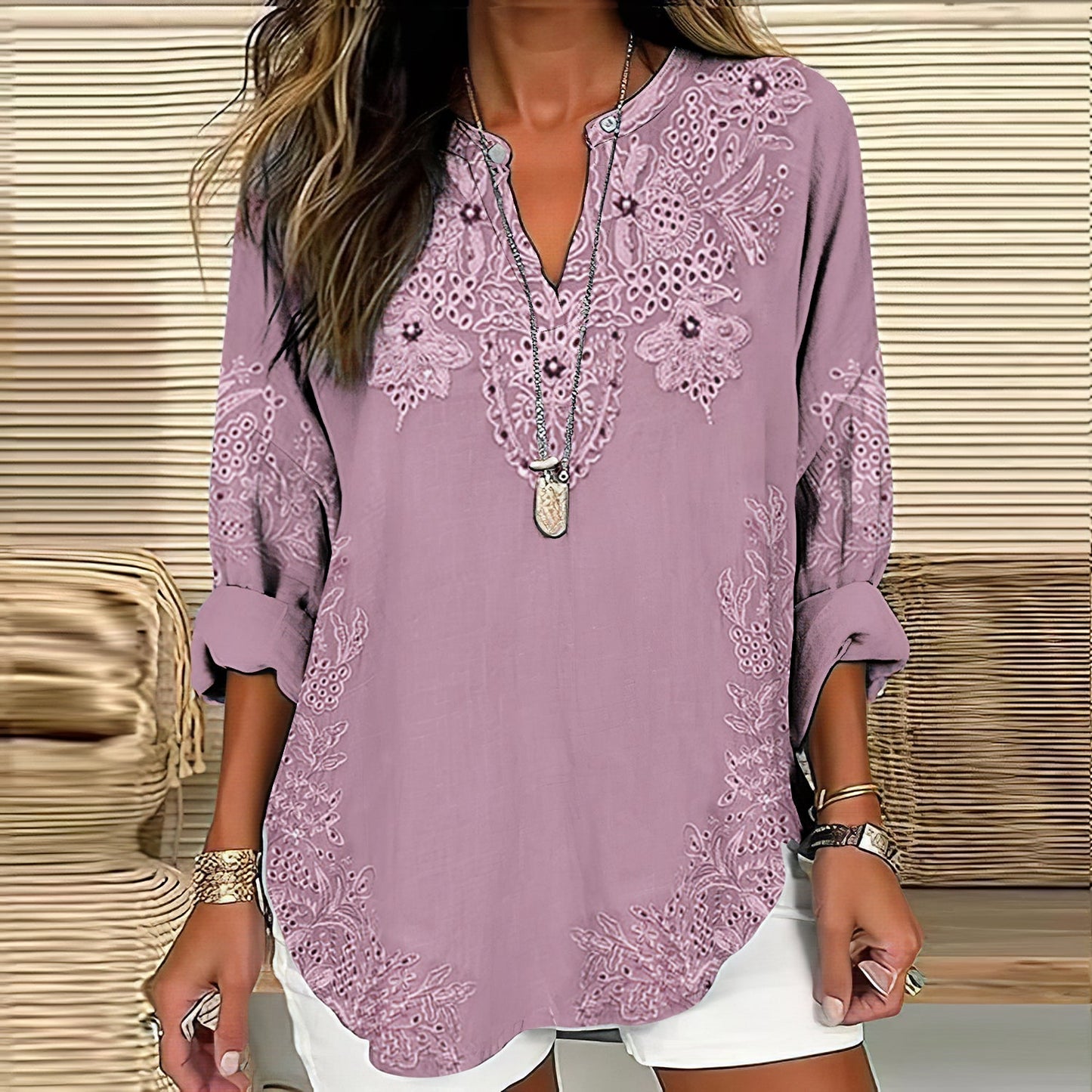 Comstylish Women's Floral Lace Art Linen Print Casual Shirt