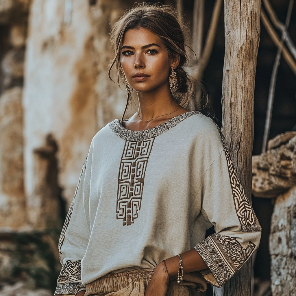 Vintage Greek Key Motif Crew Neck Linen Blend Blouse artswardrobe