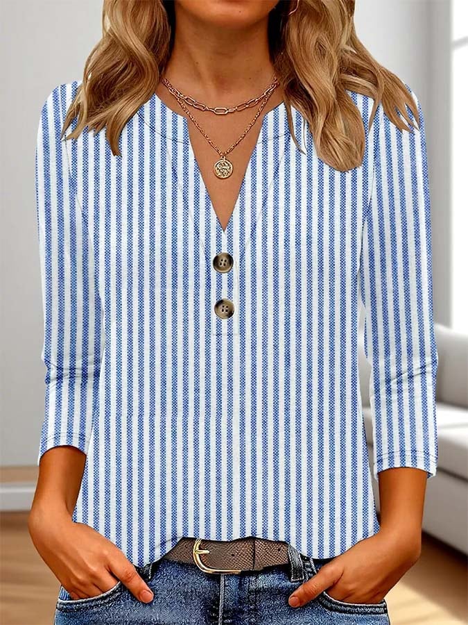 Women'S Casual V-Neck Striped Print Long Sleeve Top