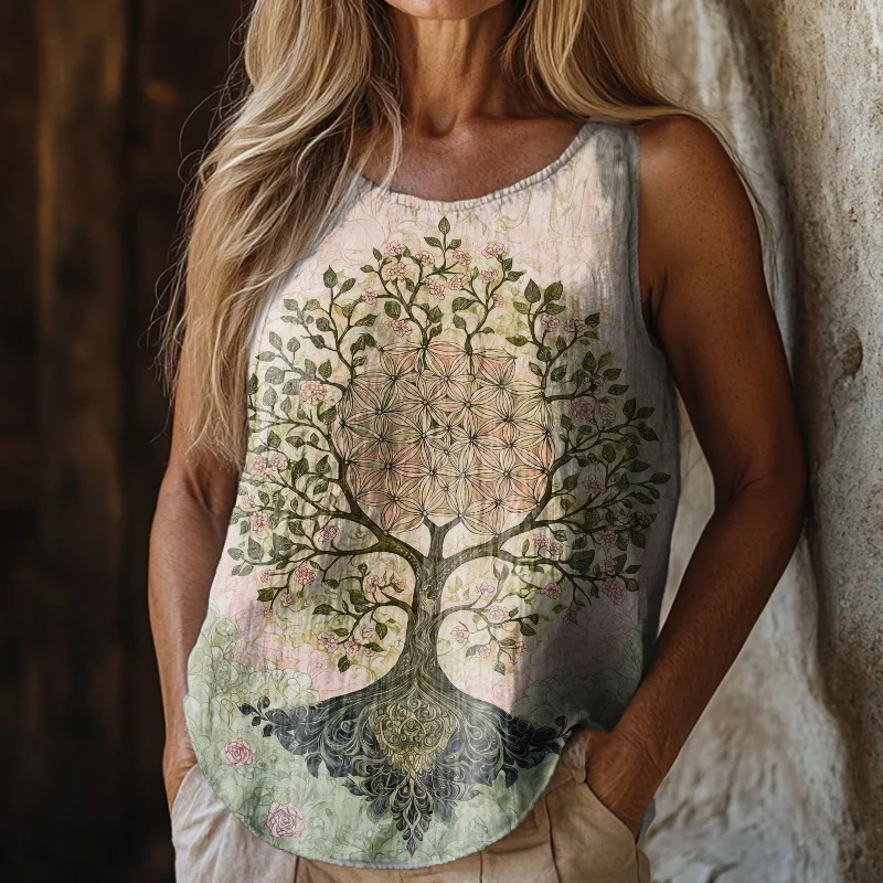 Women's Retro Viking Hippie Tree Of Life Style Linen Sleeveless Tank Top artswardrobe
