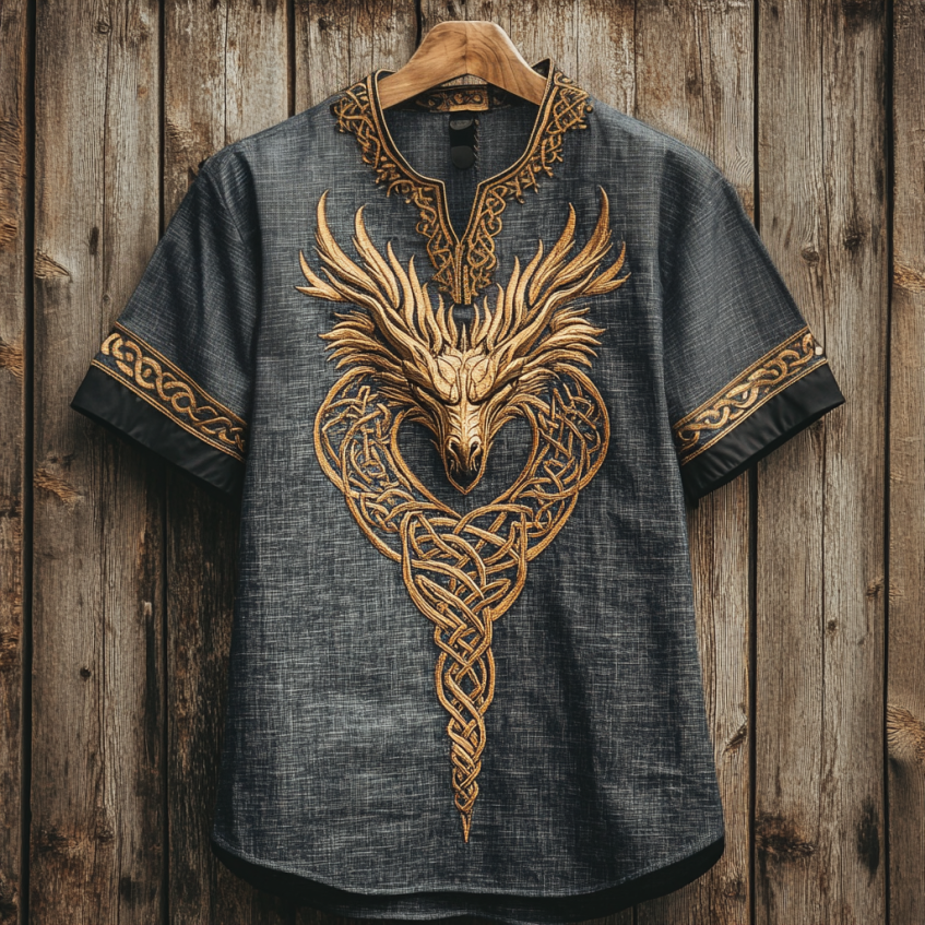 Men's Viking Tribal Dragon With Celtic Knotwork Embroidery Art Linen Round Neck T-shirt artswardrobe
