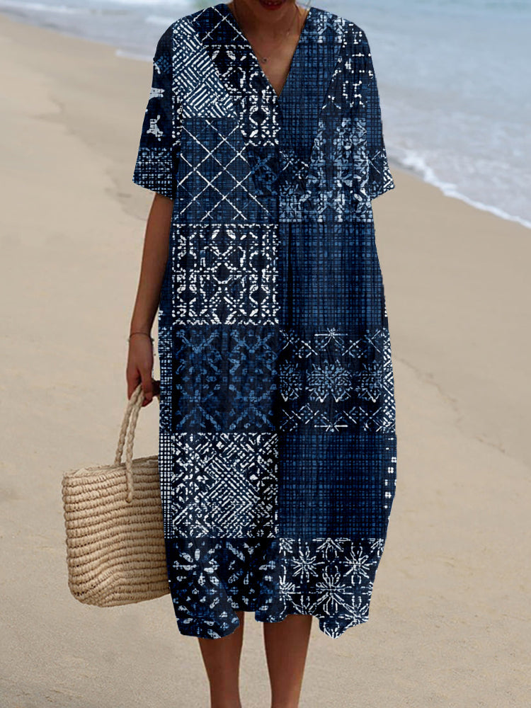 Comstylish Vintage Japanese Sashiko Patchwork Linen Midi Dress