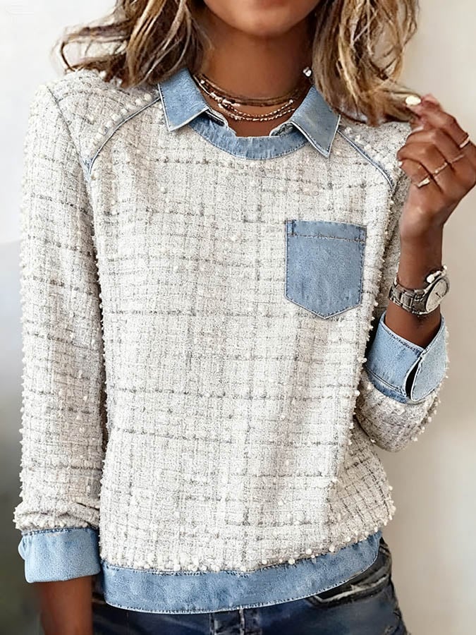 Women'S Solid Color Patchwork Denim Sweatshirt
