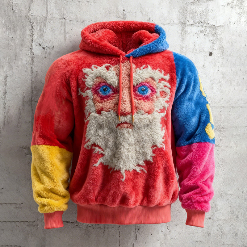 Comstylish Men's Fun Christmas Santa Claus Color Block Flannel Hoodie