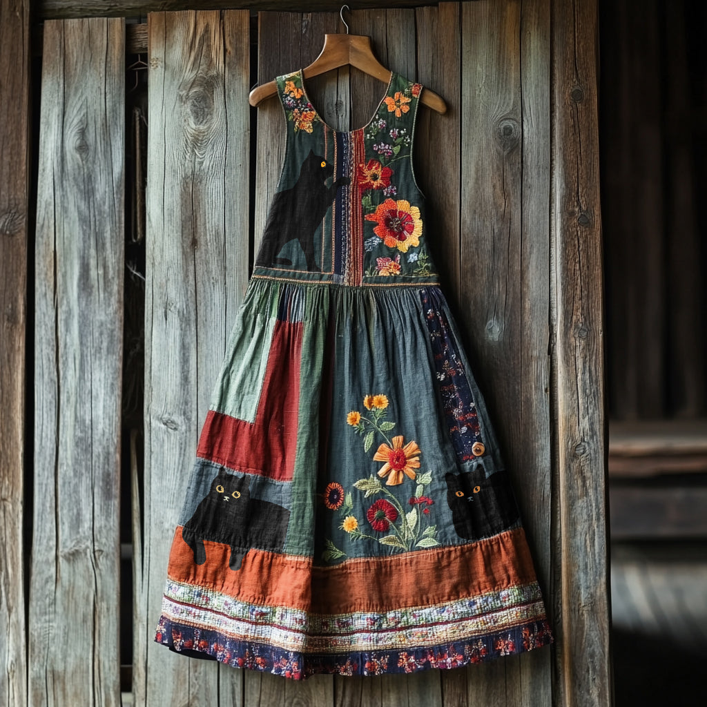 Vintage Black Cat Floral Linen Tank Dress elevenforest