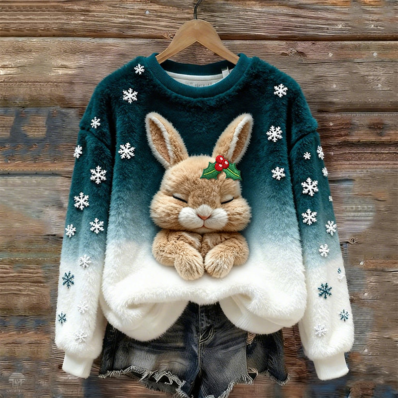 Comstylish Women's Christmas Bunny Embroidery Round Neck Cozy Plush Sweatshirt