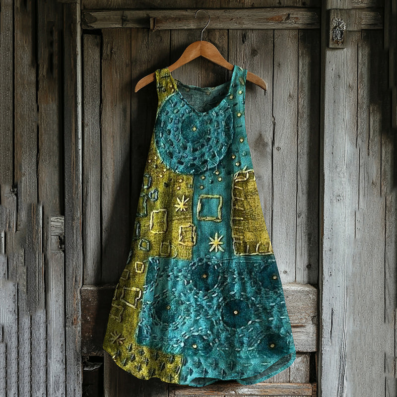 Abstract Creative Patchwork Art Linen Blend Tank Dress artswardrobe