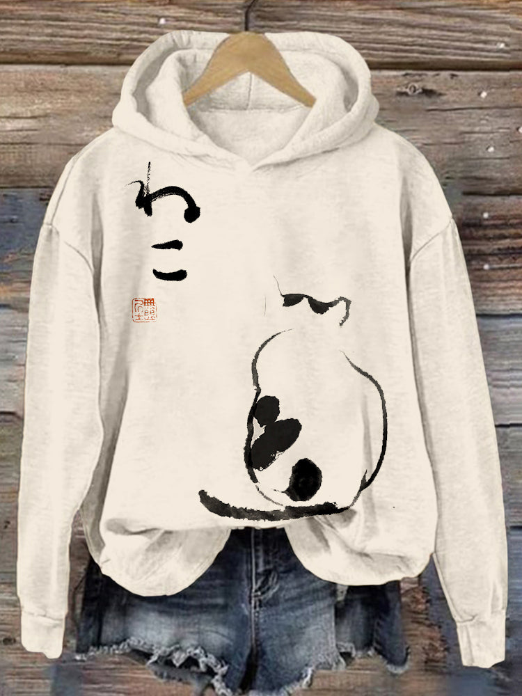Japanese Minimalist Cat Art Vintage Comfy Hoodie elevenforest