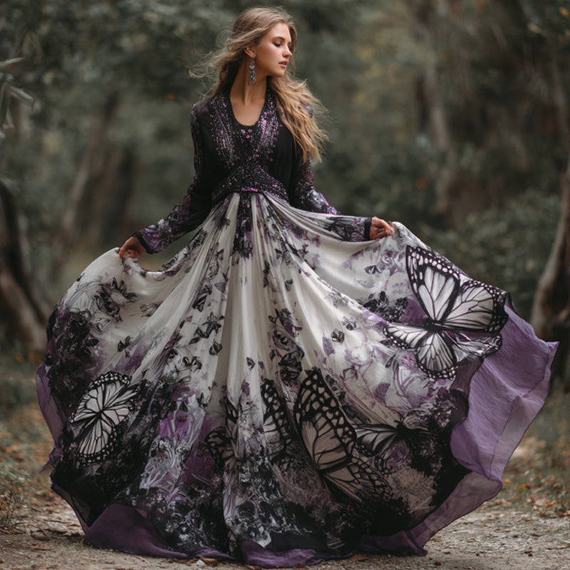 Comstylish Women's Vintage Classy Butterfly Wings Inspired Flowy Maxi Dress