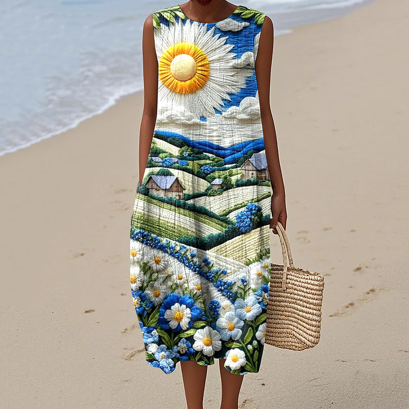 Vintage Loose Hometown Rural Farm Sunshine Art Sleeveless Cotton And Linen Tank Dress artswardrobe