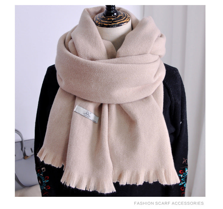 Women's Solid-color Cashmere Scarf with Thick Tassels