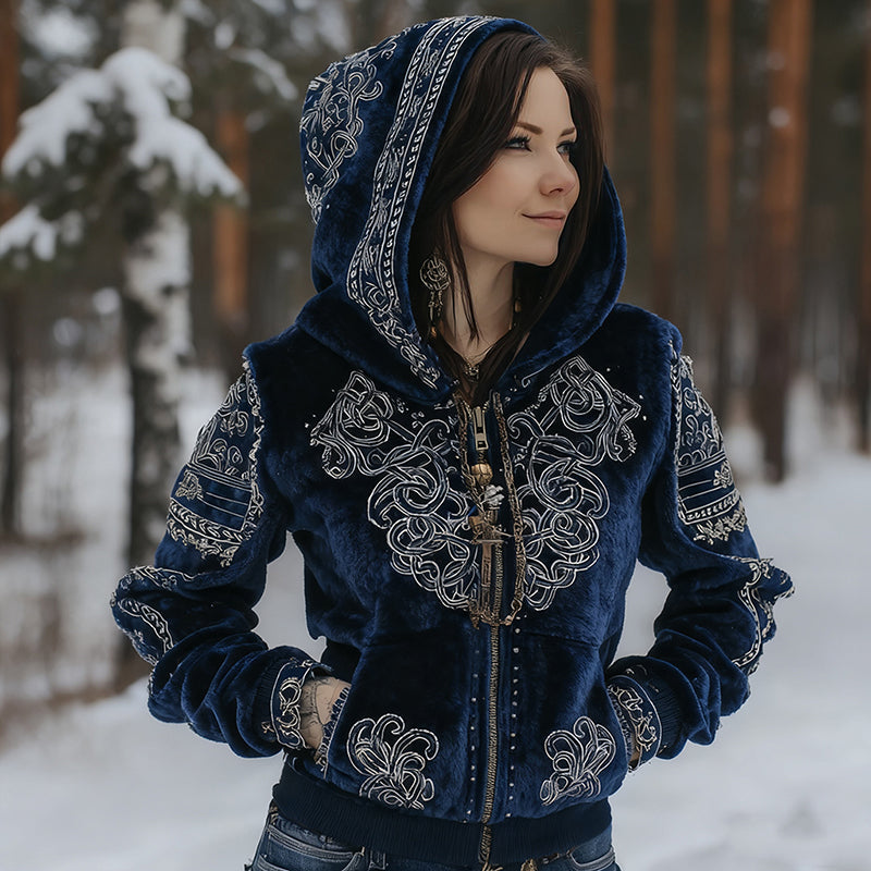 Comstylish Women's Vintage Viking Celtic Knot Style Plush Zip-up Hoodie