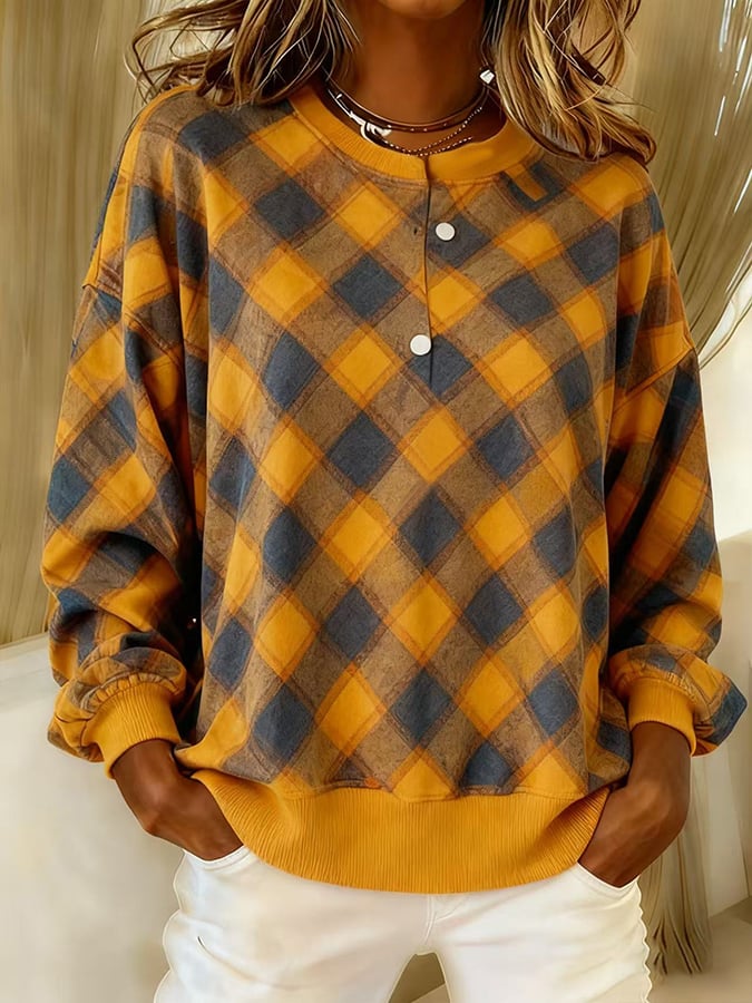 Women's Casual Round Neck Contrast Plaid Sweatshirt