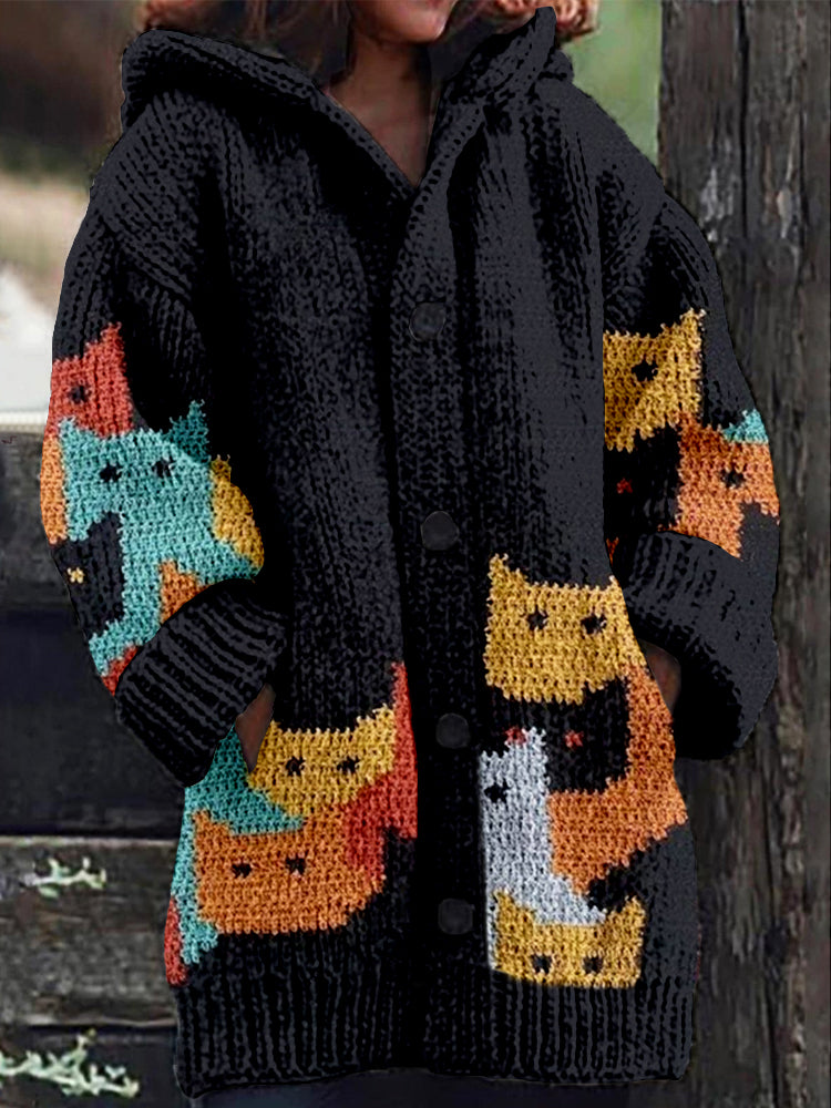Comstylish Cute Colorful Cats Knit Art Cozy Hooded Cardigan