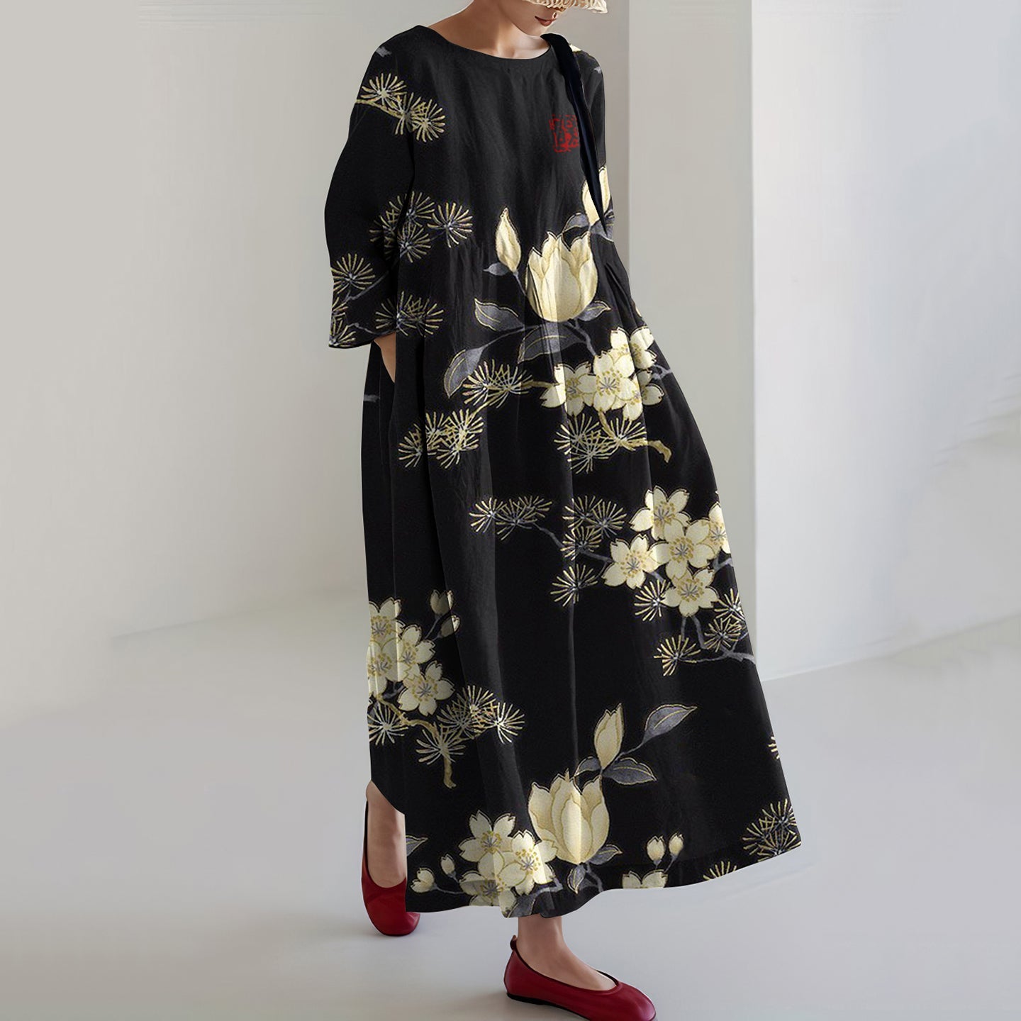 Comstylish Vintage Japanese Flower Art Casual Midi Dress