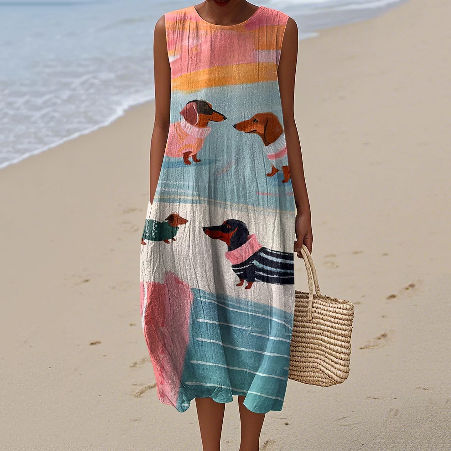 Retro Cute Dachshund Sausage Dog Art Linen Tank Midi Dress artswardrobe