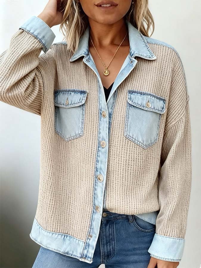 Women'S Casual Contrast Color Denim Waffle Stitching Long Sleeve Shirt