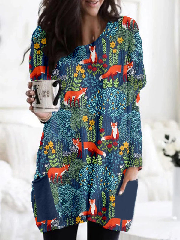 Fox in the Forest Graphic Comfy Patch Pocket Tunic artswardrobe