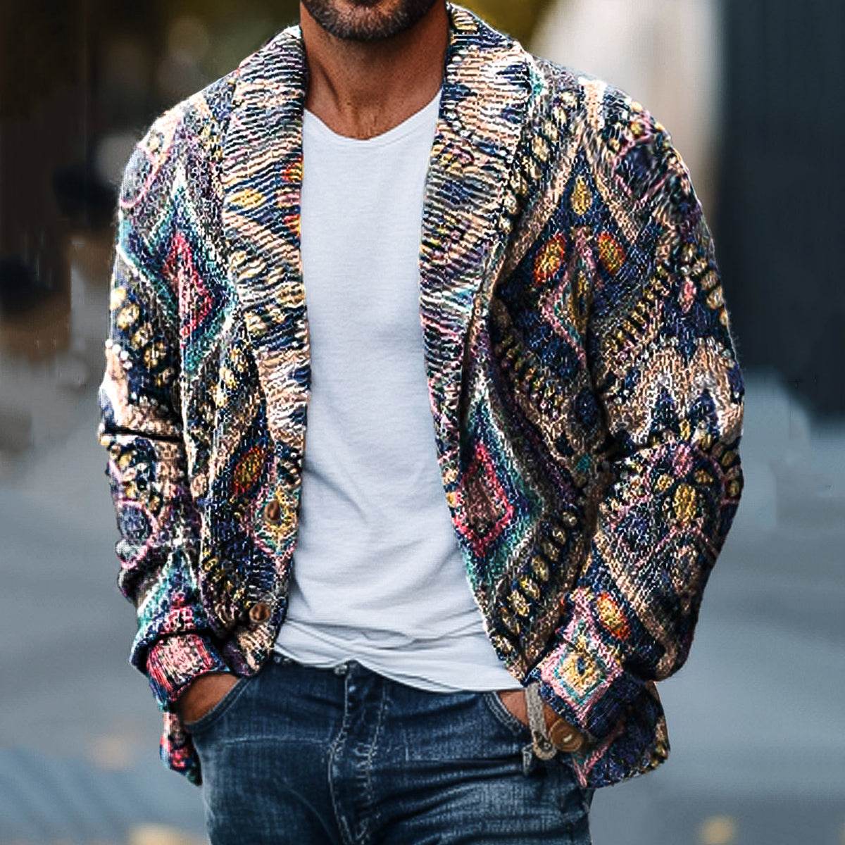 Men'S Retro Ethnic Totem Printed Pattern Knitted Cardigan Sweater artswardrobe