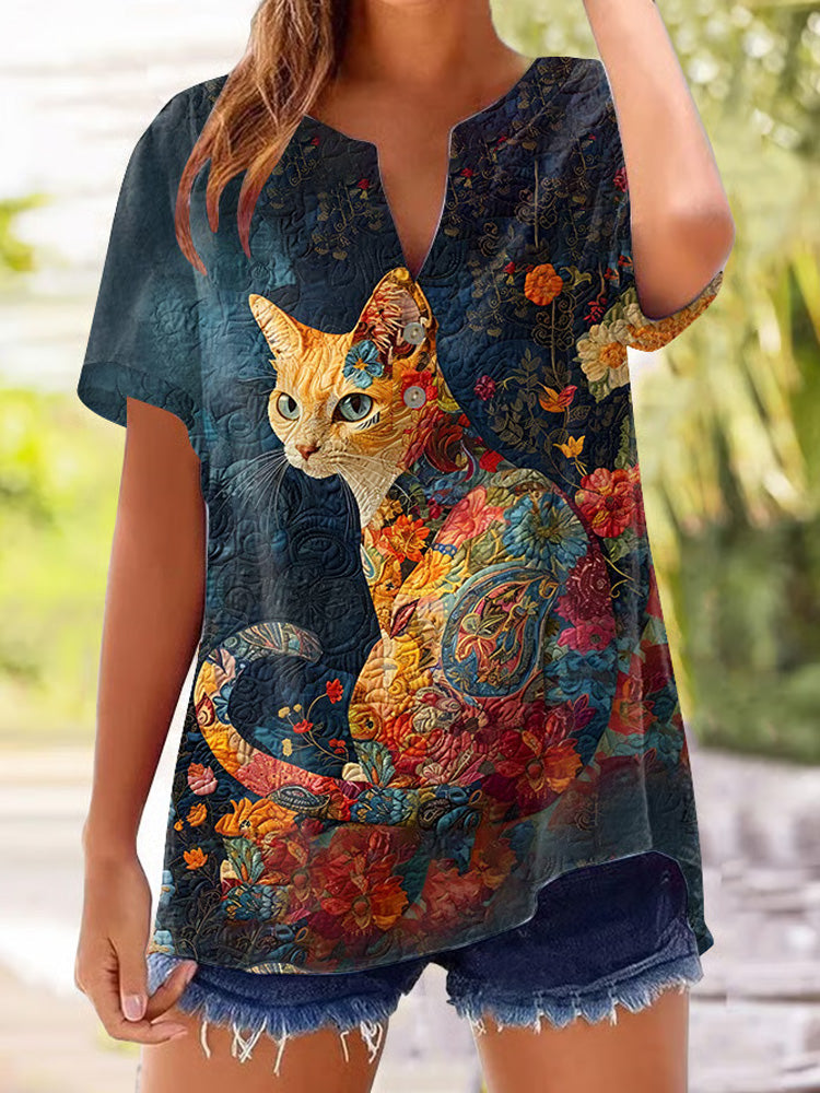 Women's Casual Art Cat Cotton And Linen Shirt elevenforest