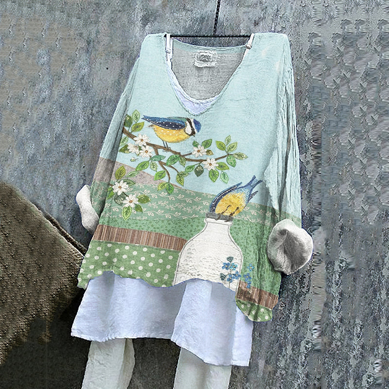 Women's Blue Tits Bottle Birds Greetings Art Loose V-neck Shirt artswardrobe