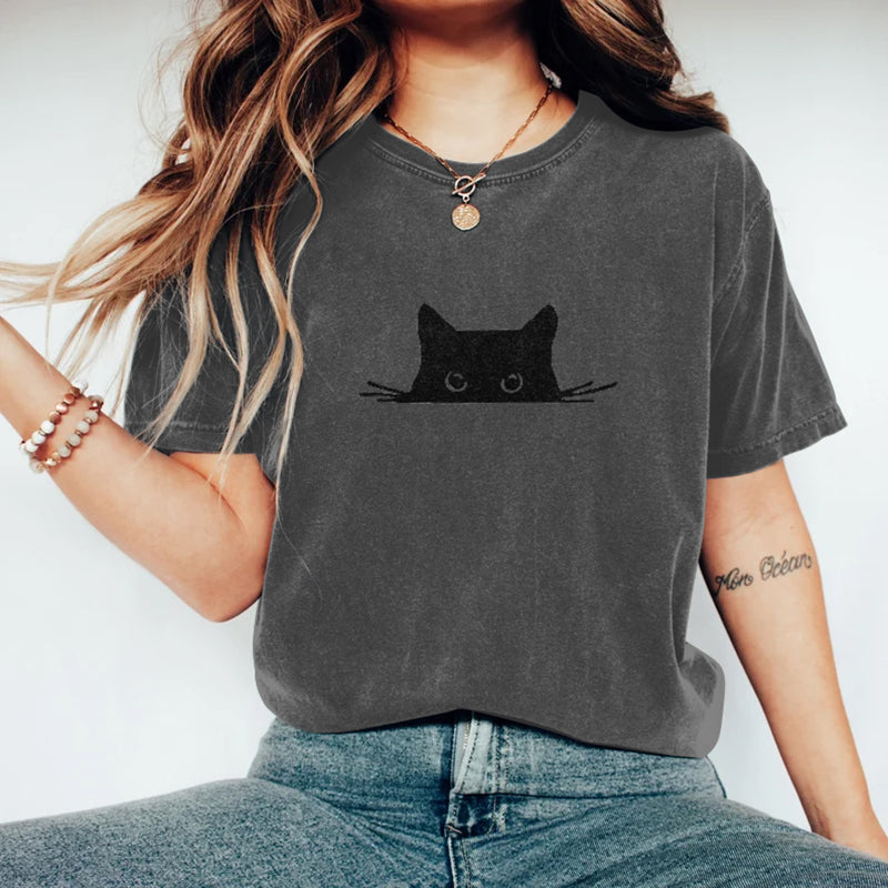 Abstract Creative Embroidered Black Cat Art Print T-shirt elevenforest