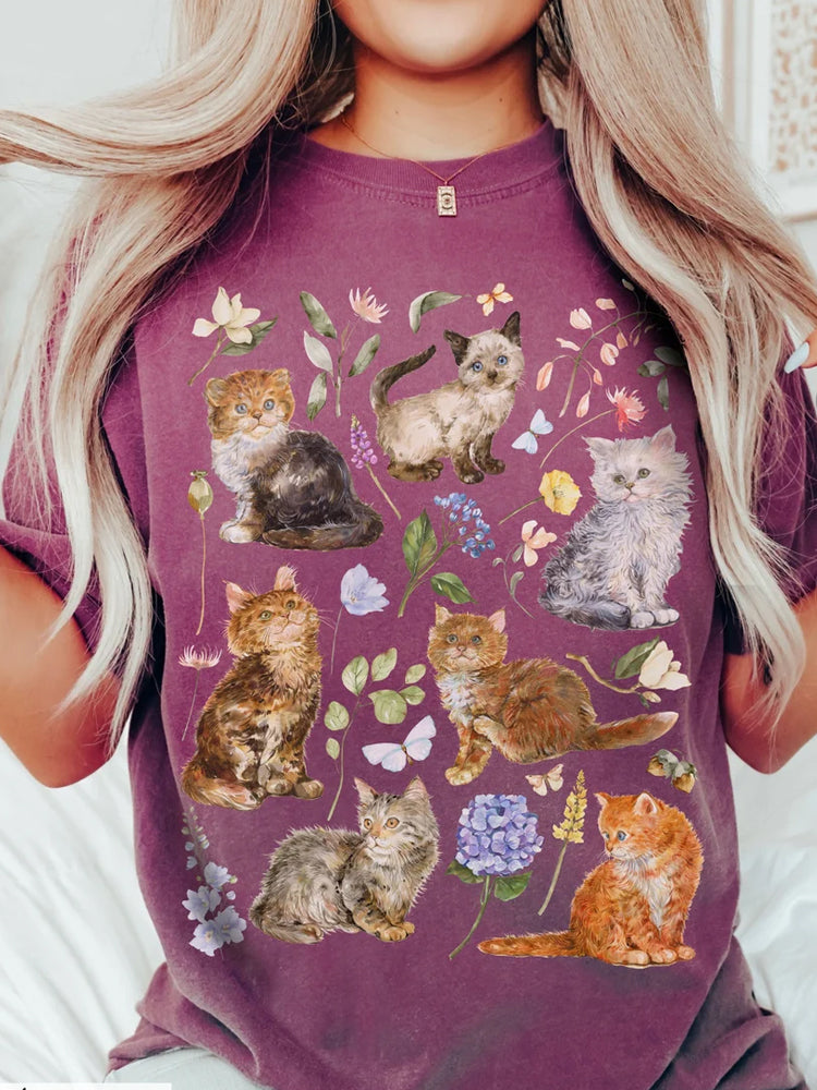 Countryside Cat Embroidery Print T-shirt elevenforest