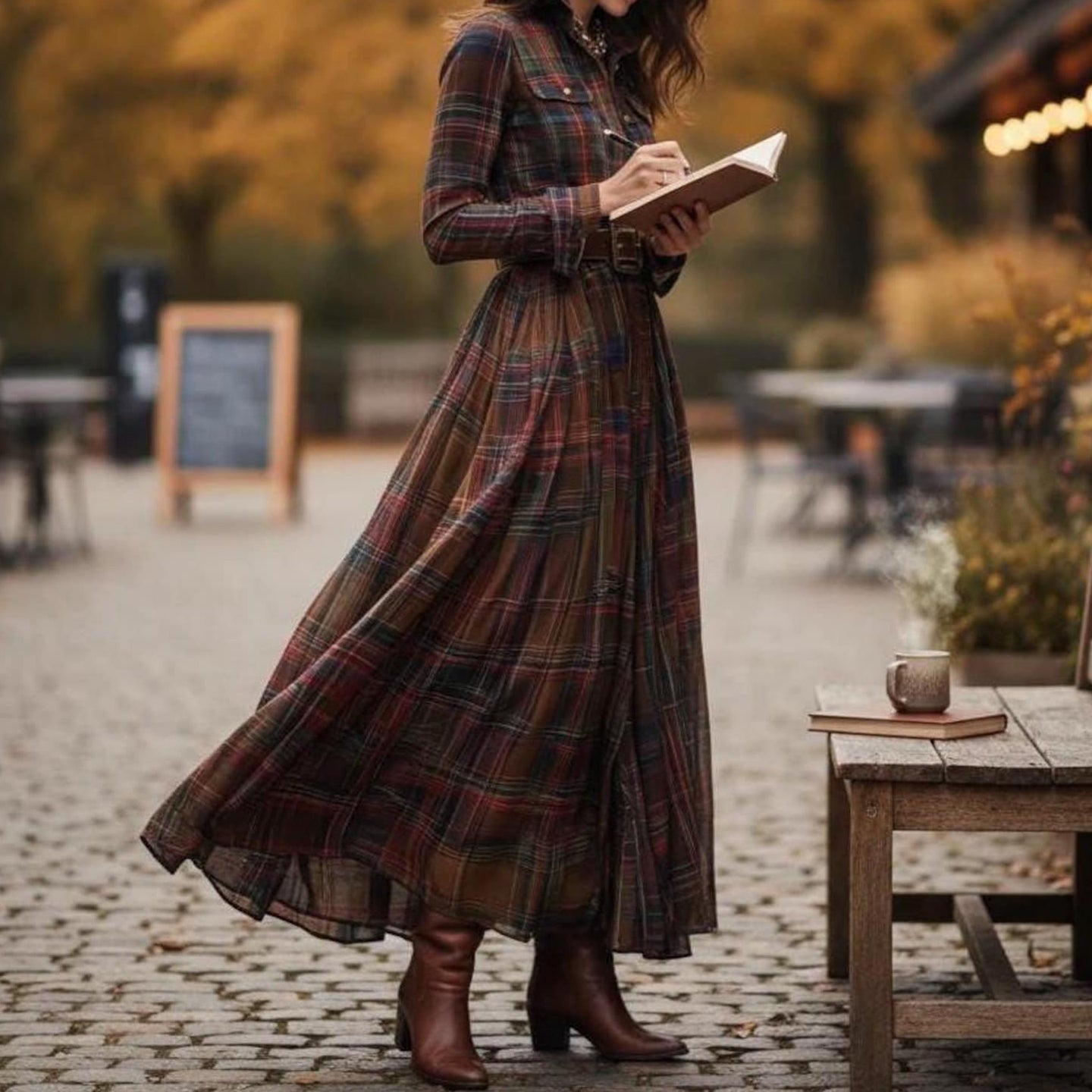 Vintage Plaid Inspired Belted Cottagecore Autumn Winter Long Sleeve Button-up Shirt Maxi Dress artswardrobe