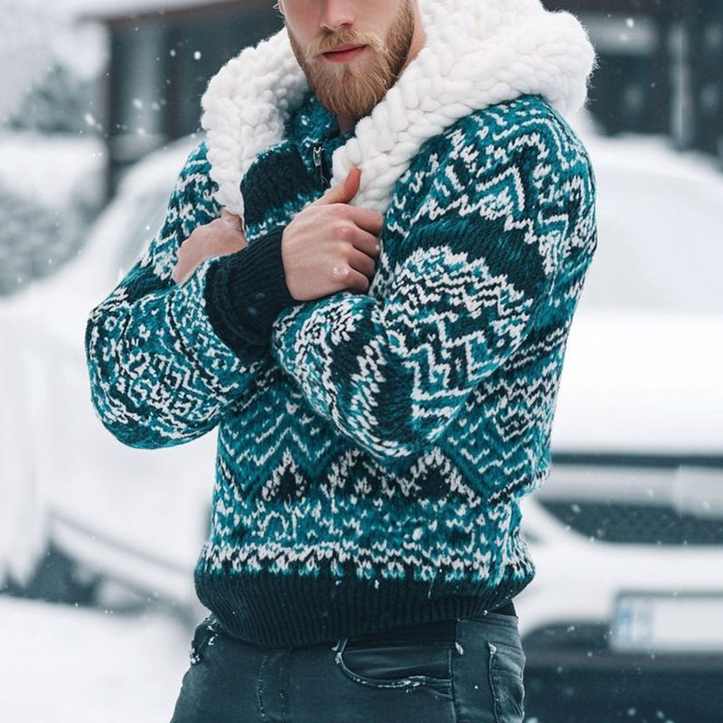 Men's Vintage Fairman Island Jacquard Warmth Pattern Zip Up Collar Sweatshirt artswardrobe