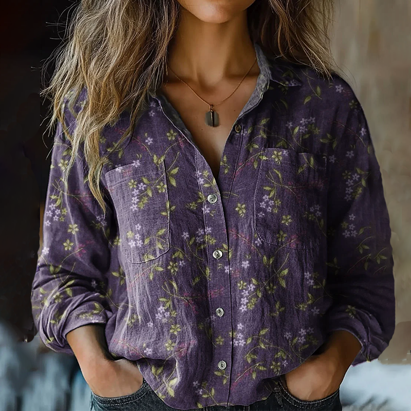 Bohemian Style Floral Linen Print Long Sleeve Shirt artswardrobe
