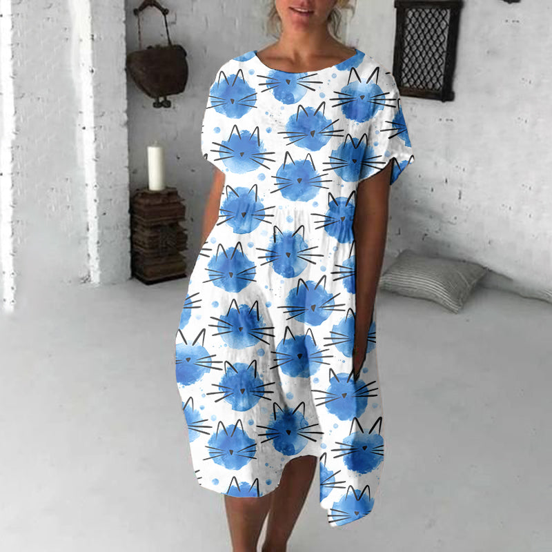 Polka Dot Cat Watercolor Art Linen Blend Loose Casual Midi Dress elevenforest