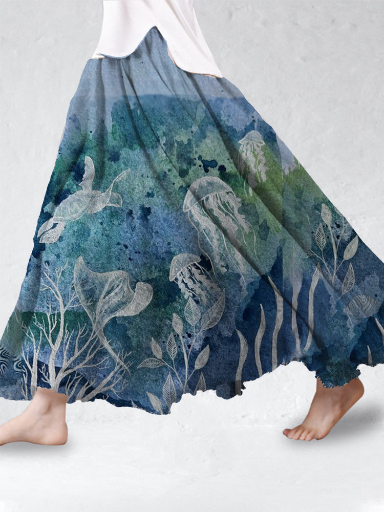 Comstylish Tie Dye Ocean Turtle Art Cotton Linen Flowy Skirt