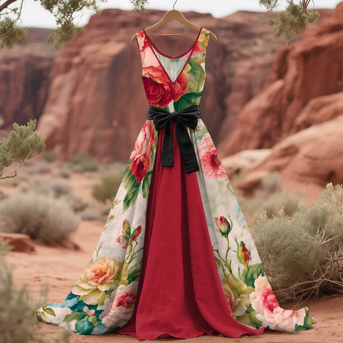 Women's Floral Contrast Colors Art Linen Tank Midi Dress(belt Not Included) artswardrobe