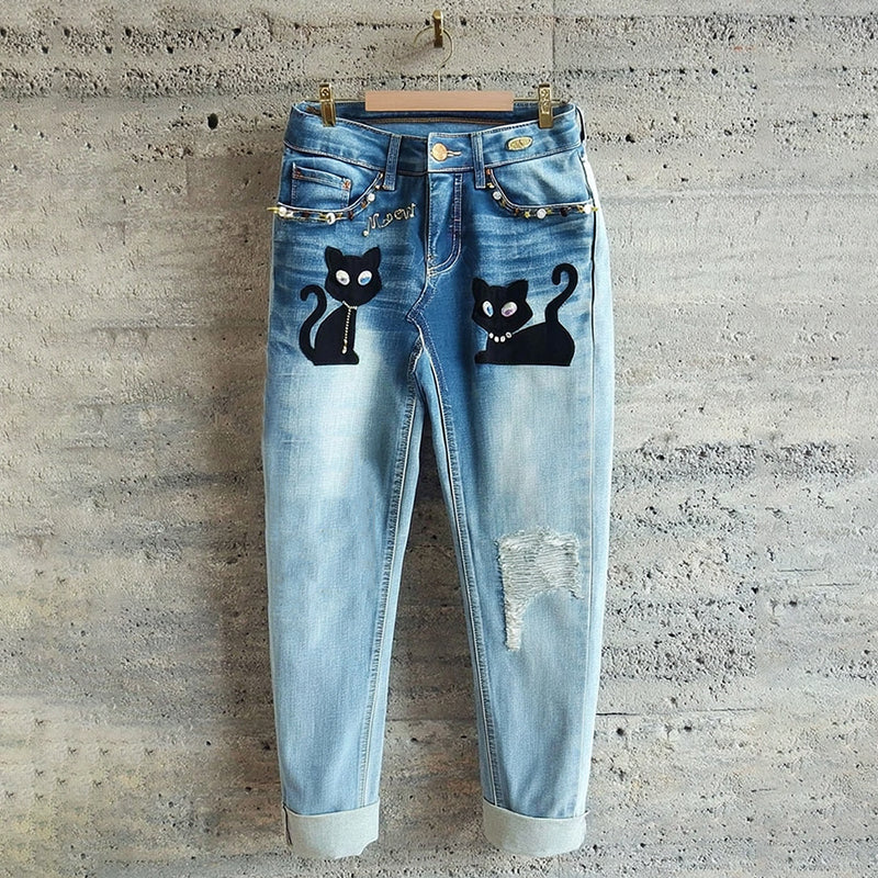 Casual Cute Black Cat Diamond Eyes Jeans elevenforest