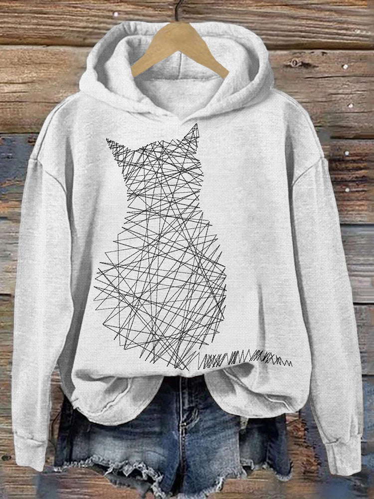 Cat Silhouette Tangled Threads Embroidered Cozy Hoodie elevenforest
