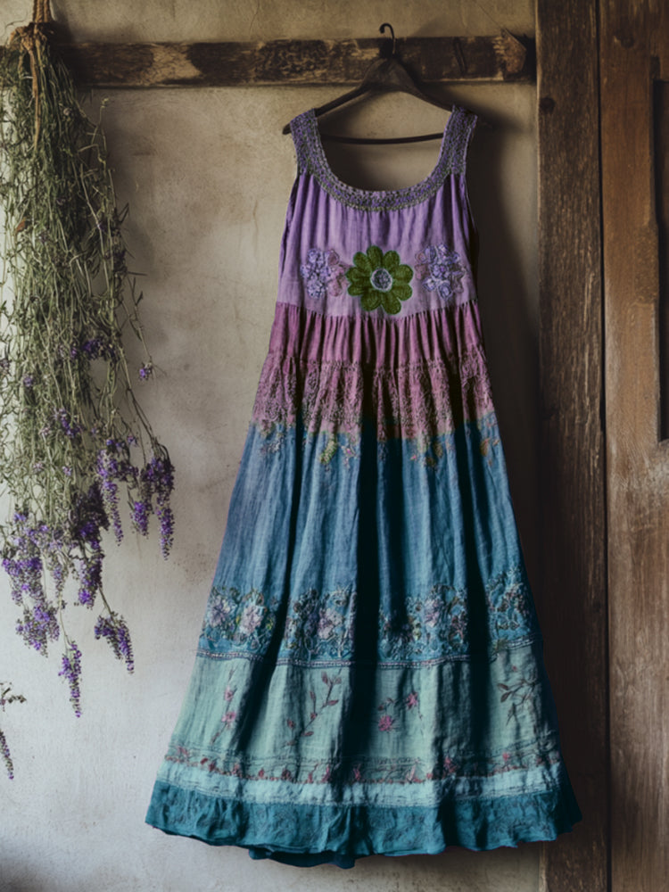 Vintage Bohemian Lavender Embroidery Patchwork Art Sleeveless Cozy Linen Maxi Dress artswardrobe