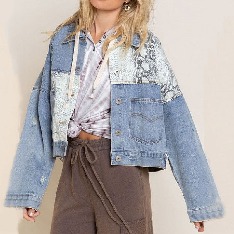 Denim Leopard Patchwork Short Jacket
