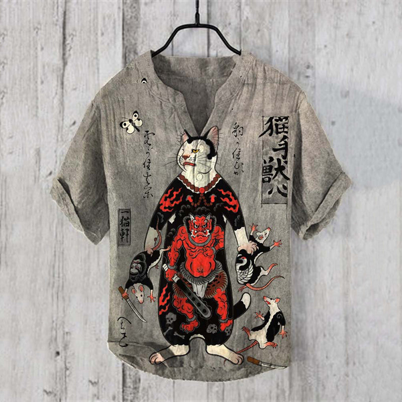 Vintage Japanese Art Warrior Cat V Neck Linen Blend Shirt elevenforest