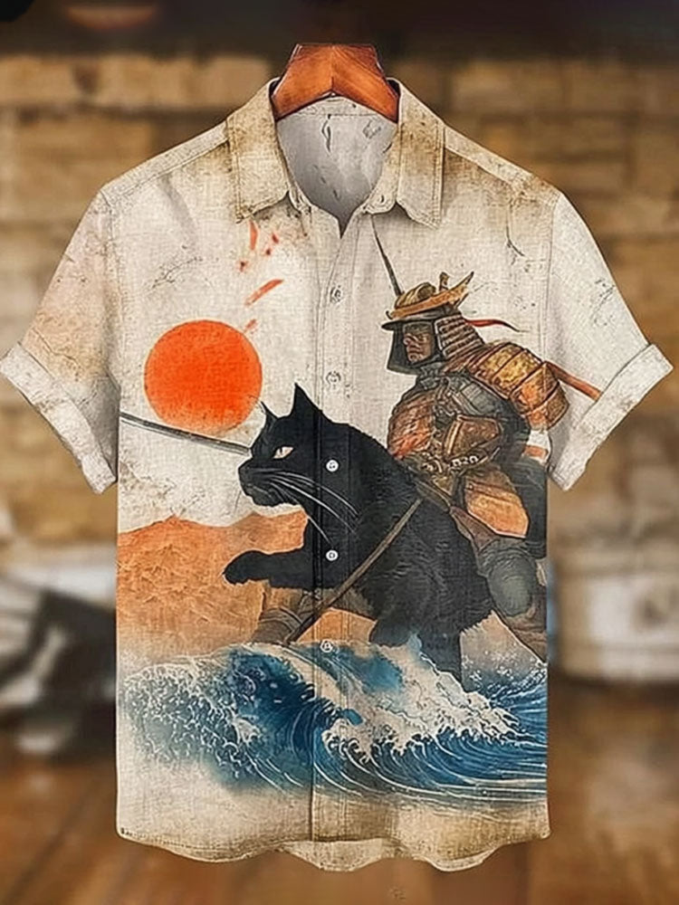 Men's Black Cat Tribal Warrior Japanese Print Short Sleeve Shirt elevenforest