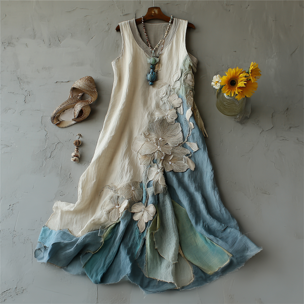 Comstylish Women's Vintage Floral Embroidery Ombre Linen Dress