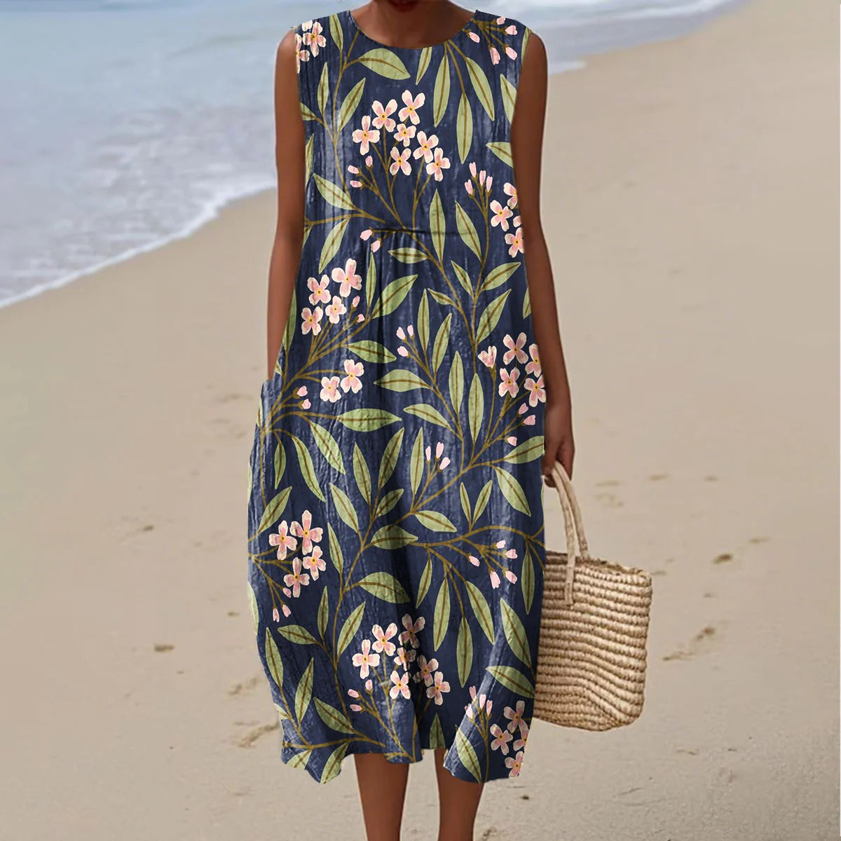 Women's Vintage Floral Art Print Sleeveless Dress artswardrobe