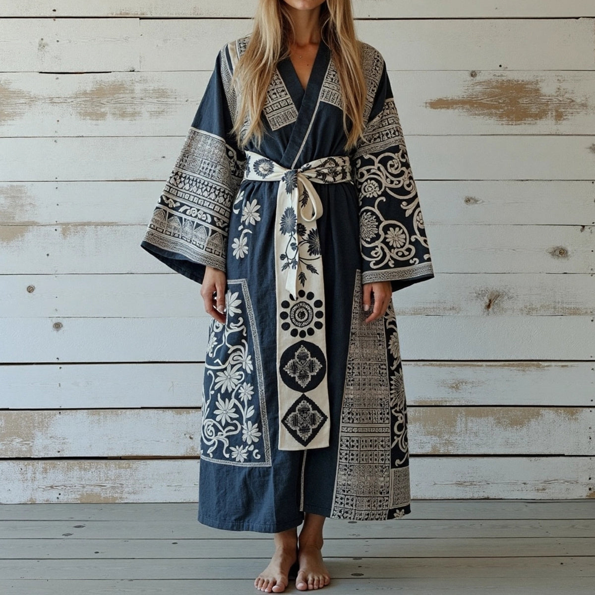 Women's Japanese Traditional Sashiko Art Linen V-neck Robe artswardrobe