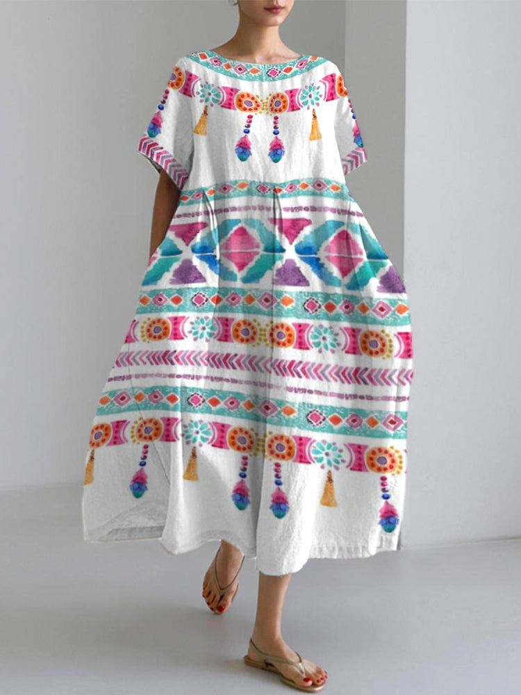 Comstylish Bohemian Holiday Style Linen Blend Dress