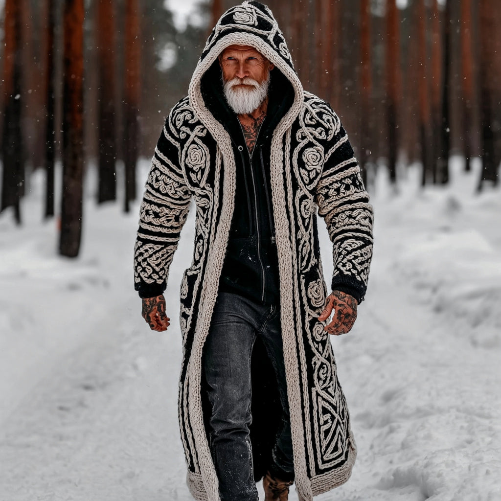 Men's Viking Tribal Jacquard Celtic With Rose Inspired Art Mid-length Chunky Knit Bottom Hooded Cardigan Sweater artswardrobe