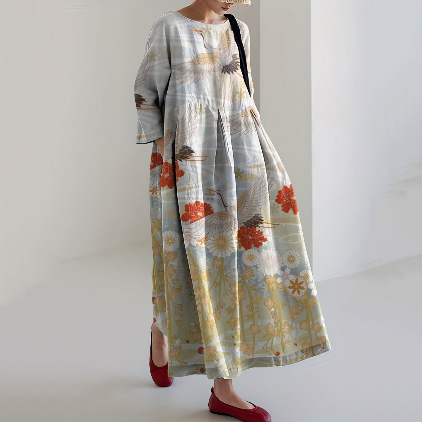 Comstylish Women Japanese Art Crane Printed Casual Midi Dress