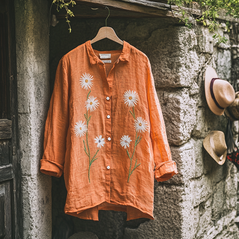 Bohemian Holiday Style Linen Floral Print Long Sleeve Shirt artswardrobe