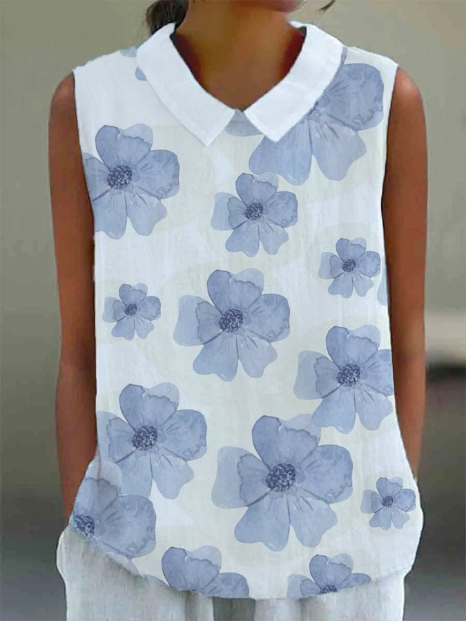 Women's Casual Lapel Floral Print Sleeveless Cotton and Linen Top