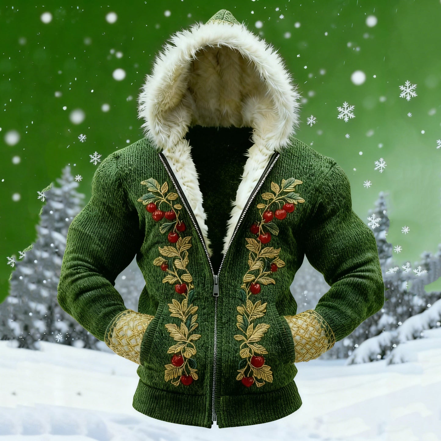 Comstylish Men's Christmas Holly Fur Collar Zip-up Hoodie