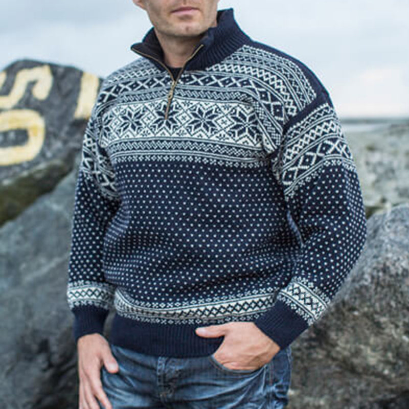 Vintage Warmth Norwool Knit Jacquard Icelandic Half Zip Collar Sweater(Unisex ) elevenforest