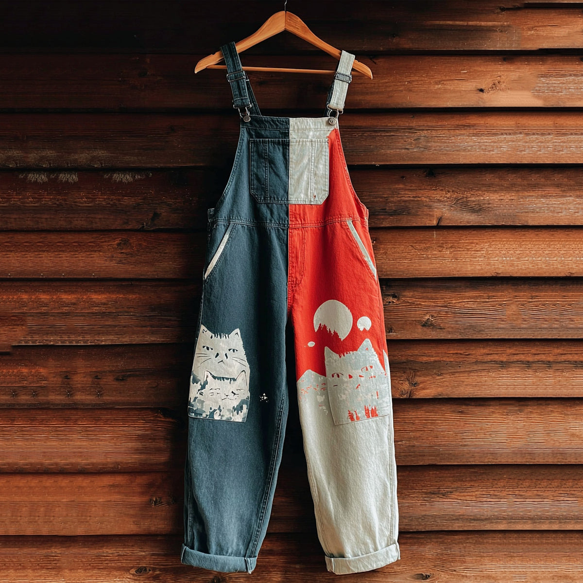 Women's Cute Cat On Mount Fuji Colorblock Denim Jumpsuit elevenforest